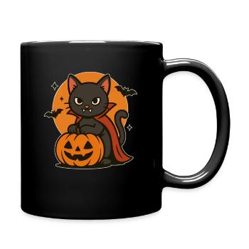 Halloween cat with pumpkin and bats - Full Colour Mug - black - Right