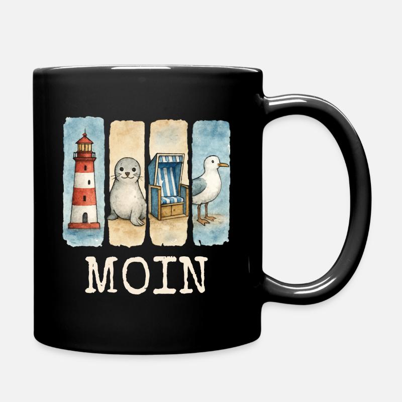 Moin Leuchtturm Robbe Strandkorb Möwe Küste - Tasse einfarbig - Schwarz