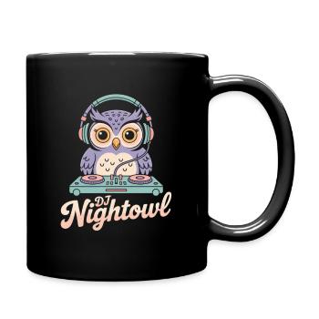 DJ Nightowl Owl with headphones at the desk - Full Colour Mug - black - Right