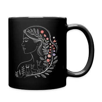 Floral woman portrait with wildlife - Full Colour Mug - black - Right