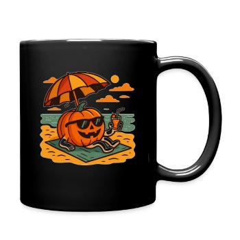 Kürbis mit Sonnenbrille am Strand - Tasse einfarbig - Schwarz - Rechts