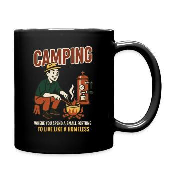 Camping, Wo Man Ein Kleines Vermögen Ausgibt - Tasse einfarbig - Schwarz - Rechts