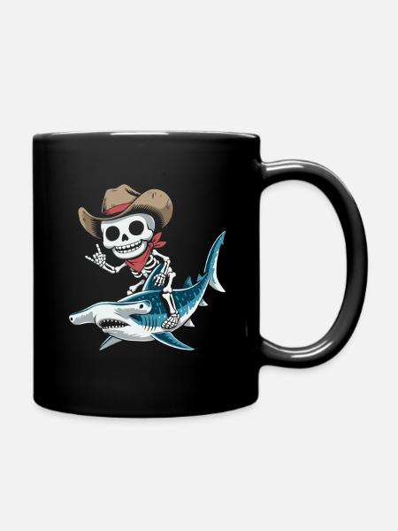 Skelett Cowboy reitet Hammer-Hai - Tasse einfarbig - Schwarz