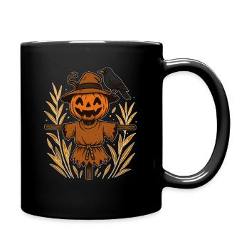 Kürbisgespenst Scheuch mit Rabe - Tasse einfarbig - Schwarz - Rechts