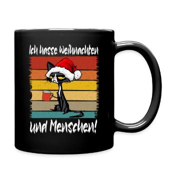 Weihnachtskatze mit Santa-Hut und Kaffee - Tasse einfarbig - Schwarz - Rechts