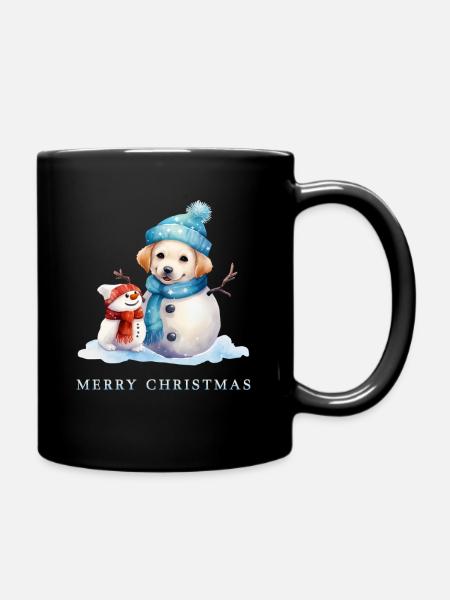 Fröhlicher Schneemann mit Hundeschneemann - Tasse einfarbig - Schwarz