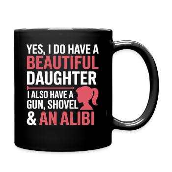 Witzshirt Waffe Schaufel Alibi - Tasse einfarbig - Schwarz - Rechts