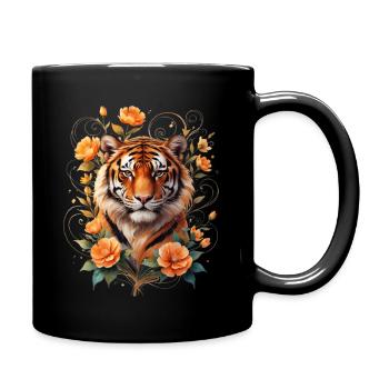 Tiger with flower tendrils ornament - Full Colour Mug - black - Right