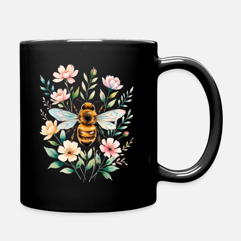 Biene im Blütenrahmen - Tasse einfarbig - Schwarz
