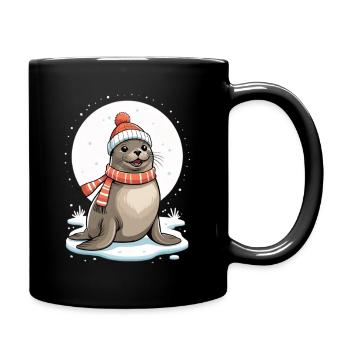 Winterliches Robbe mit Schal - Tasse einfarbig - Schwarz - Rechts