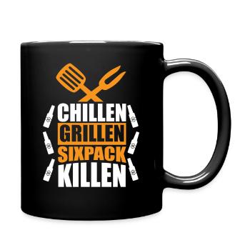 Chillen Grillen Sixpack killen / BBQ Spruch lustig - Tasse einfarbig - Schwarz - Rechts