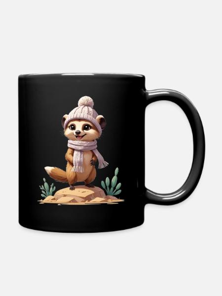 Erdmännchen auf Felsen mit Schal und Mütze - Tasse einfarbig - Schwarz