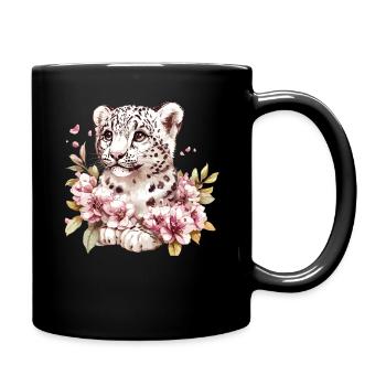 Leopard Junges mit Blütenkranz - Tasse einfarbig - Schwarz - Rechts