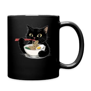 Black cat eating ramen noodles - Full Colour Mug - black - Right