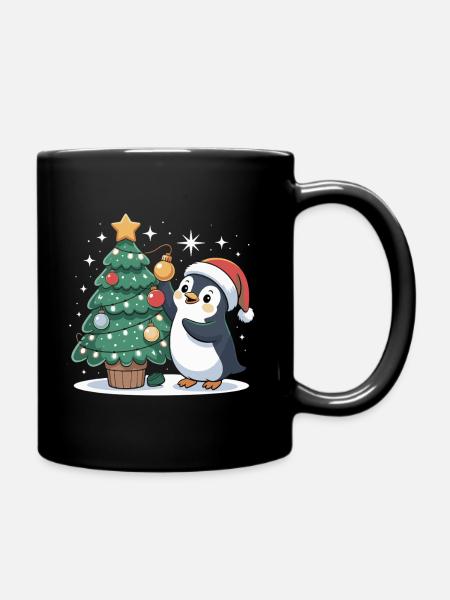 Pinguin schmückt Weihnachtsbaum - Tasse einfarbig - Schwarz