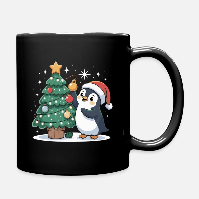 Pinguin schmückt Weihnachtsbaum - Tasse einfarbig - Schwarz