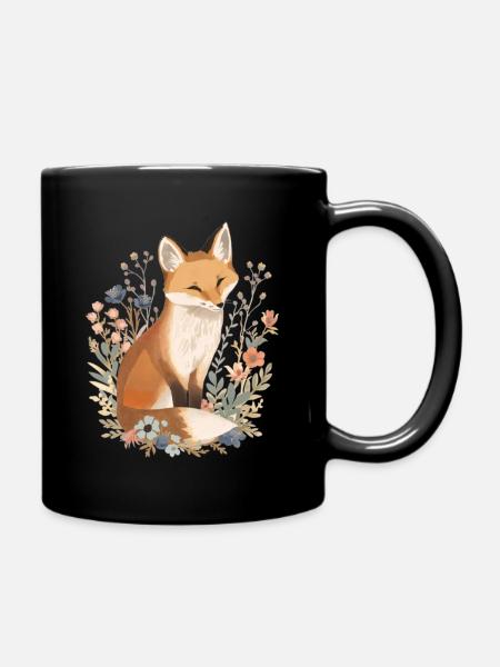 Floral Fuchsillustration mit zarten Wildblumen - Tasse einfarbig - Schwarz