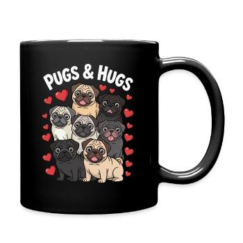 PUGS & HUGS – Cute Pug Design with Hearts - Full Colour Mug - black - Right