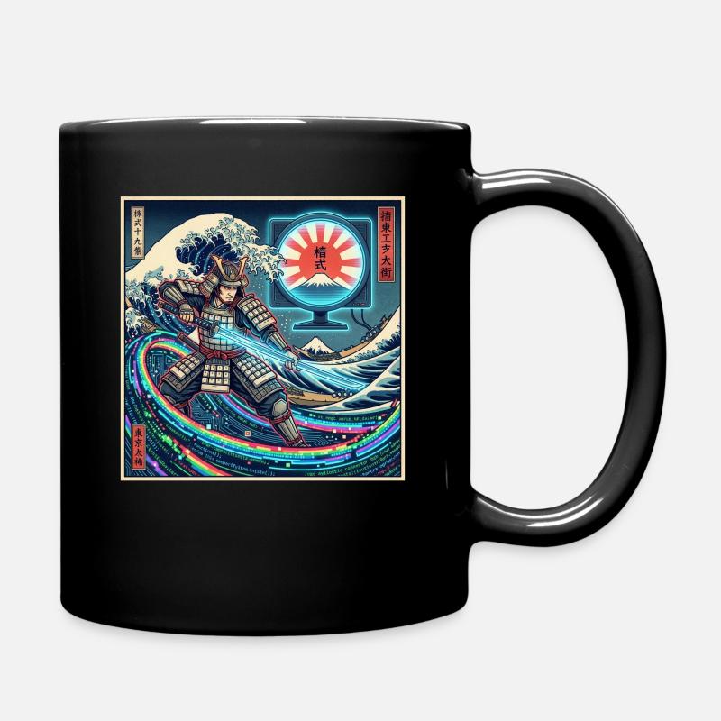 Cyber Samurai 模式 devant les vagues et Fuji - Mug uni - noir