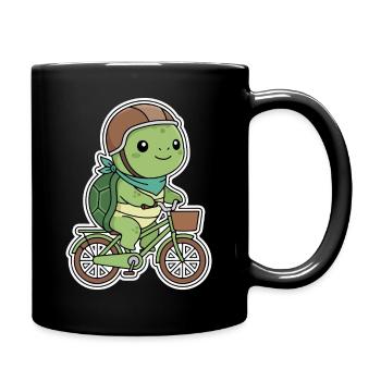 Grüne Schildkröte auf Fahrrad - Tasse einfarbig - Schwarz - Rechts