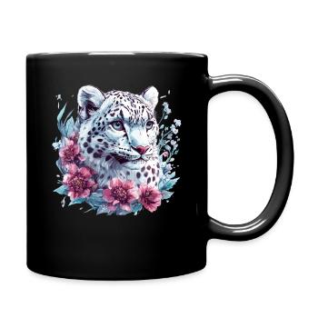 Leopardengesicht mit Blumenkranz - Tasse einfarbig - Schwarz - Rechts