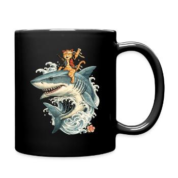 Samurai-Katze reitet auf Hai – Wellenritt mit Stil - Tasse einfarbig - Schwarz - Rechts
