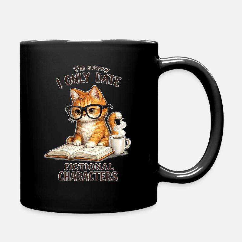 I only date fictional characters – reading cat with - Full Colour Mug - black