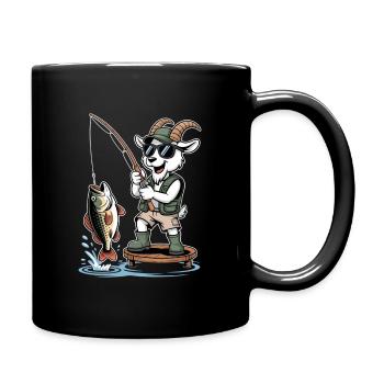 Funny fishing goat with big catch at the lake - Full Colour Mug - black - Right