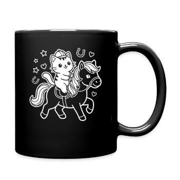 Kawaii Katze auf Pferd - Tasse einfarbig - Schwarz - Rechts