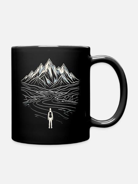 Berglandschaft Wanderer Line Art - Tasse einfarbig - Schwarz