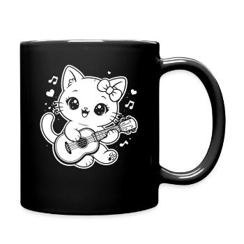 Kawaii cat playing ukulele - Full Colour Mug - black - Right
