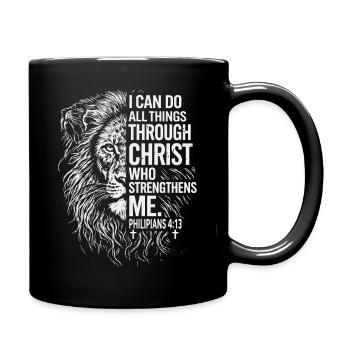 Lion's strength through Christ—Philippians 4:13 - Full Colour Mug - black - Right