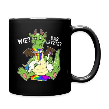 Bunter Drache isst Letztes Einhorn Humor - Tasse einfarbig - Schwarz - Rechts