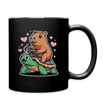 Gamer Duo Capybara auf Schildkröte - Tasse einfarbig - Schwarz - Rechts