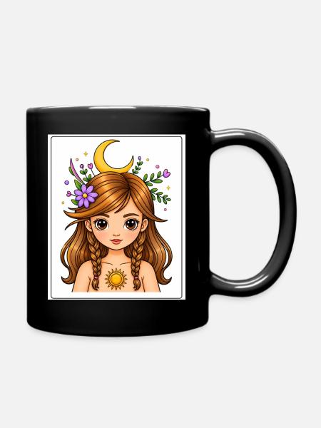Lunar girl with flowers and sun - Full Colour Mug - black