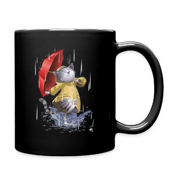 Katze in Regenmantel und mit einen Regenschirm - Tasse einfarbig - Schwarz - Rechts