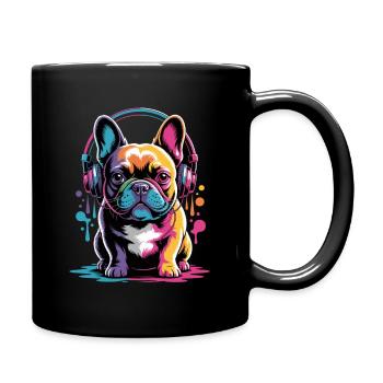 Frenchie Französische Bulldogge mit Kopfhörer - Tasse einfarbig - Schwarz - Rechts