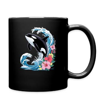 Orca wave with tropical hibiscus flowers summer - Full Colour Mug - black - Right