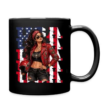 USA Rebel Biker Girl Rocker Lady with Skull - Full Colour Mug - black - Right