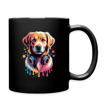Golden Retriever with Headphones - Full Colour Mug - black - Right