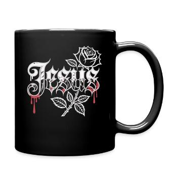 Jesus T-Shirt mit Rose – Christliches Gothic Motiv - Tasse einfarbig - Schwarz - Rechts