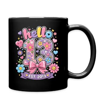 Hello 13 Year Old Gold and Pink Bow | Teen Birthday - Full Colour Mug - black - Right