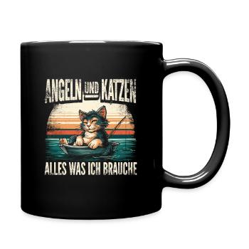 Angeln und Katzen Alles was ich brauche Retro - Tasse einfarbig - Schwarz - Rechts