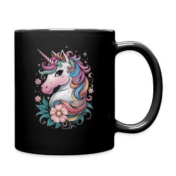 Magisches Einhorn mit Blumen und Regenbogenmähne - Tasse einfarbig - Schwarz - Rechts