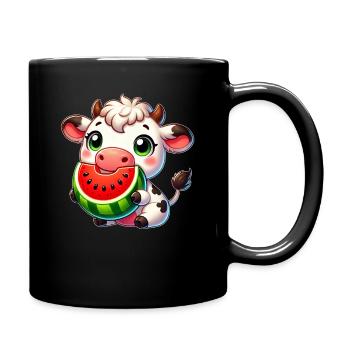 Cute Cow with Watermelon Cartoon - Full Colour Mug - black - Right