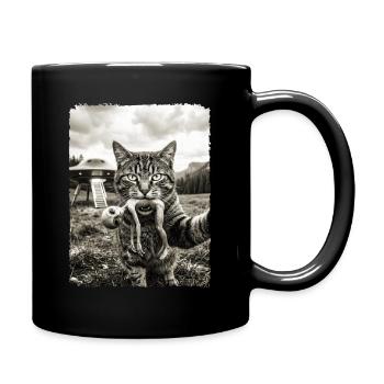 Funny Cat Selfie with Alien and UFO - Full Colour Mug - black - Right