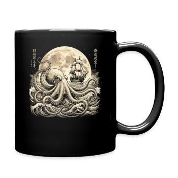 Vintage Oktopus unter Vollmond mit Segelschiff - Tasse einfarbig - Schwarz - Rechts