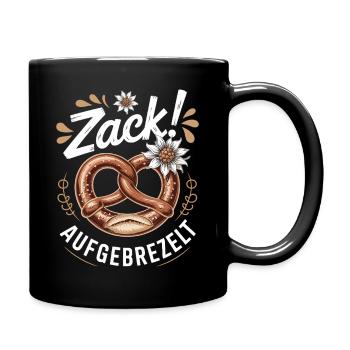 Zack! AUFGEBREZELT – Brezel Spruch mit Edelweiß - Tasse einfarbig - Schwarz - Rechts