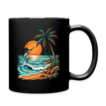 Sunset island with palm trees and sea beach - Full Colour Mug - black - Right