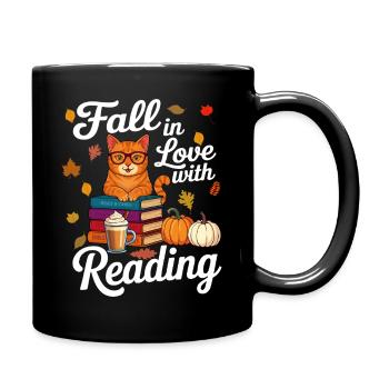 Cat Reading Books Autumn Pumpkin - Book Lover - Full Colour Mug - black - Right